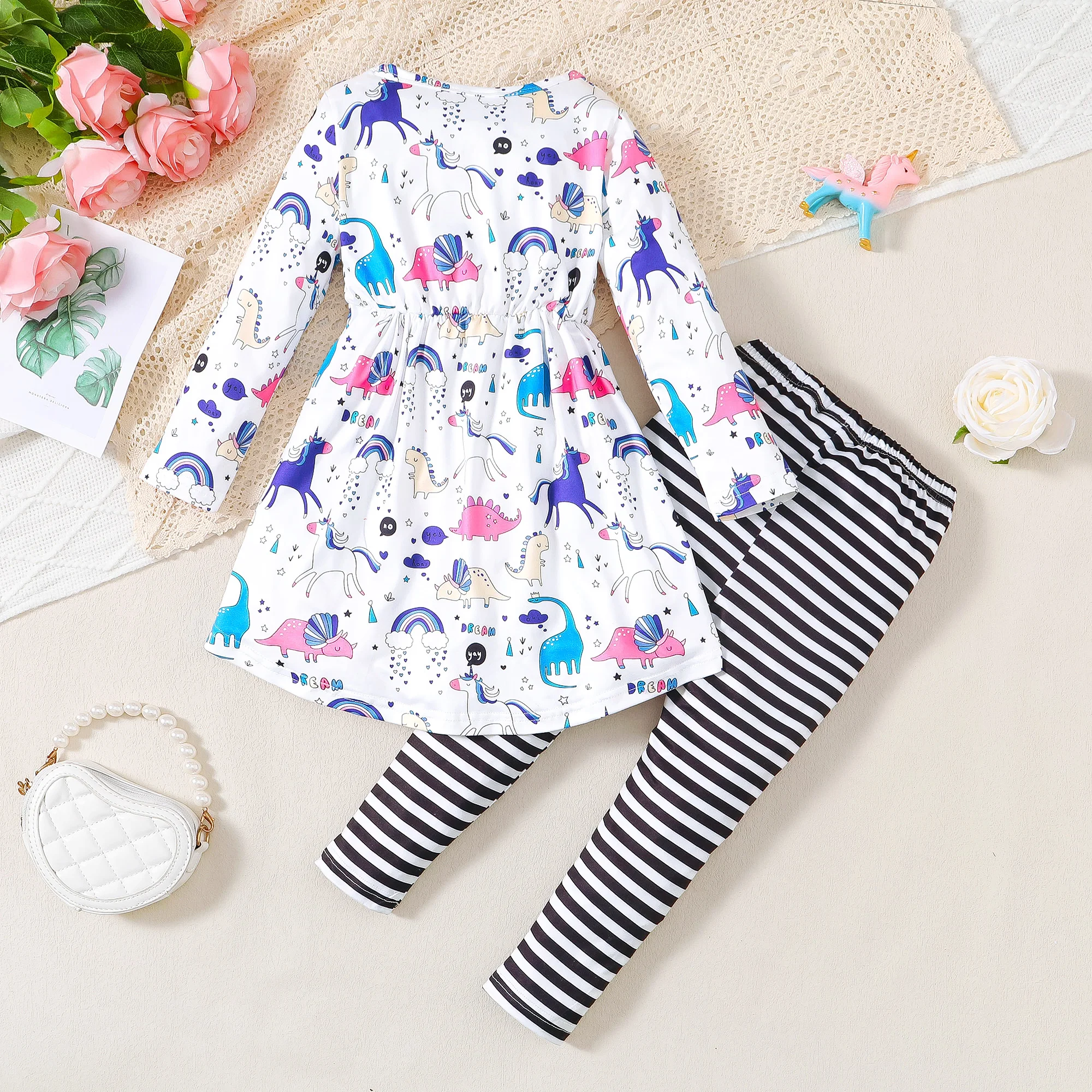 2PCS Baby Girl Clothing Casual Cute Dinosaur Pattern Long Sleeve Top&Striped Pants Baby Set Spring Fall Winter For Baby Girl