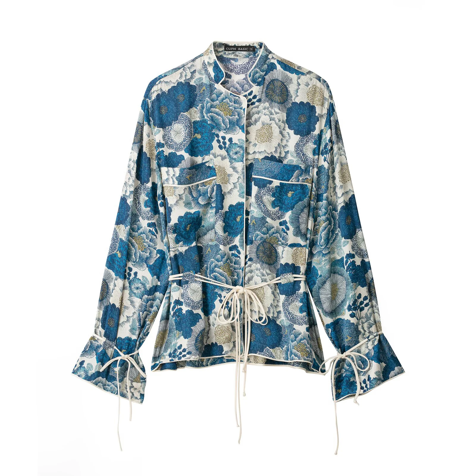 Women's 2026 new long sleeved high round neck lace up flower shirt mid waist printed wide leg pants set