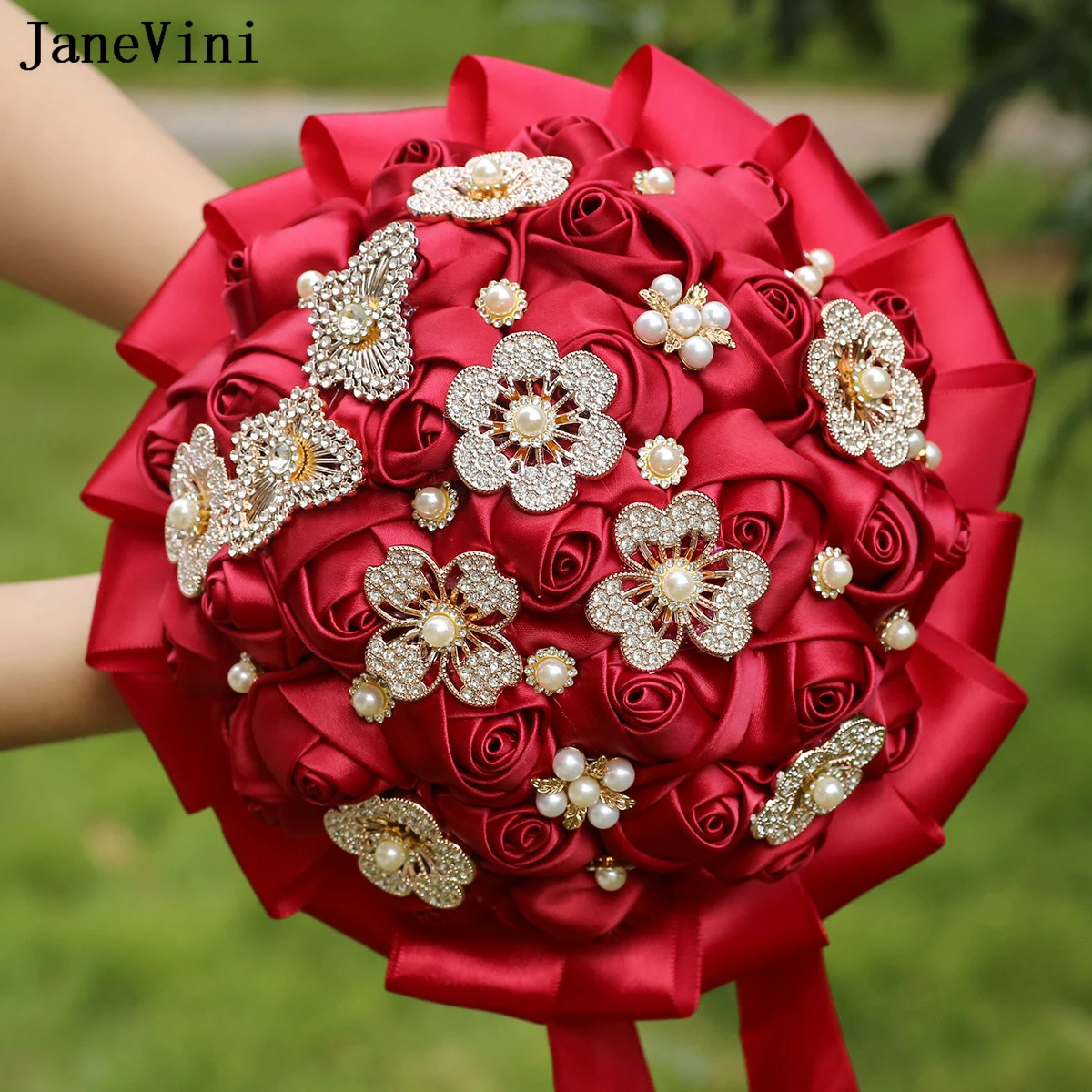 

JaneVini Elegant Burgundy Ribbon Flowers Bridal Bouquets with Bling Gold Diamond Artificial Satin Roses Wedding Brooch Bouquet