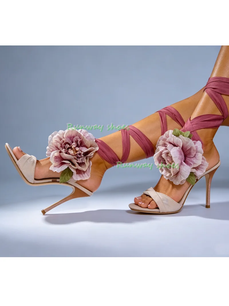 French Retro Peony Flowers Straps Stilettos Women's Sandals Round Head Open Toes Satin Fabric Ankle Wrap Straps Banquet Shoe view 6