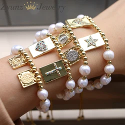 5PCS, Virgin Mary Religious Bracelets For Women Copper Freshwater Pearl Beads Cubic Zirconia Bracelets Heart Jewelry Women Gifts
