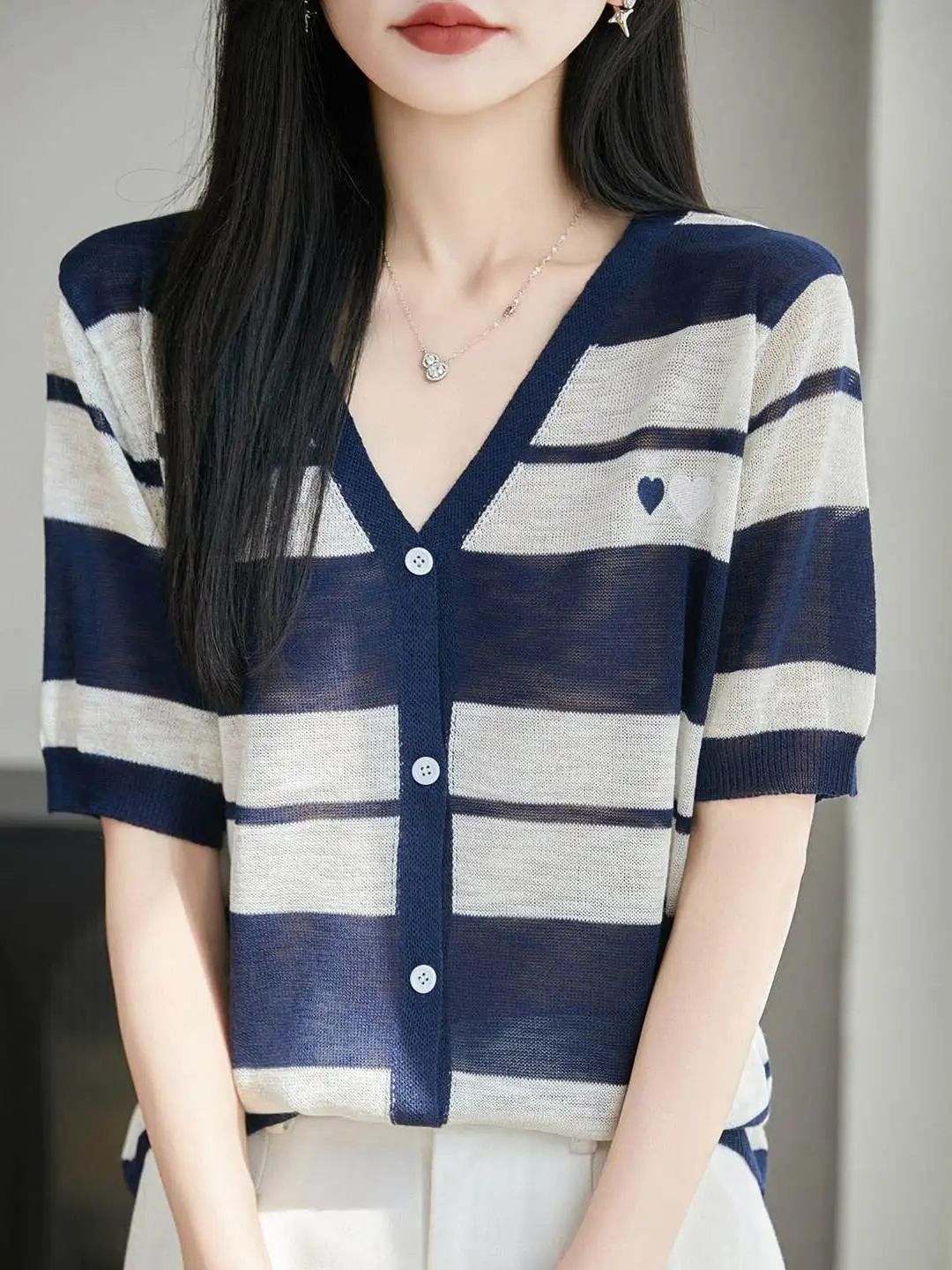 Retro Striped Ice Silk Knitted Open Cardigan Short Sleeve Women's V Neck Button Stylish Lightweight Half Sleeve Sun Protectio...