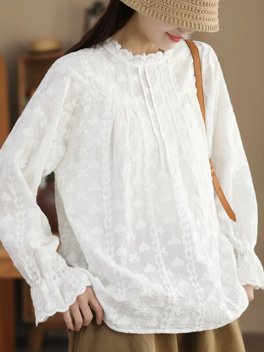 

Ele Long Sve Cotton irt Women's Bell Bot Pure Color Embroidered irt Comfortable Loose Fit Commute Sle Top