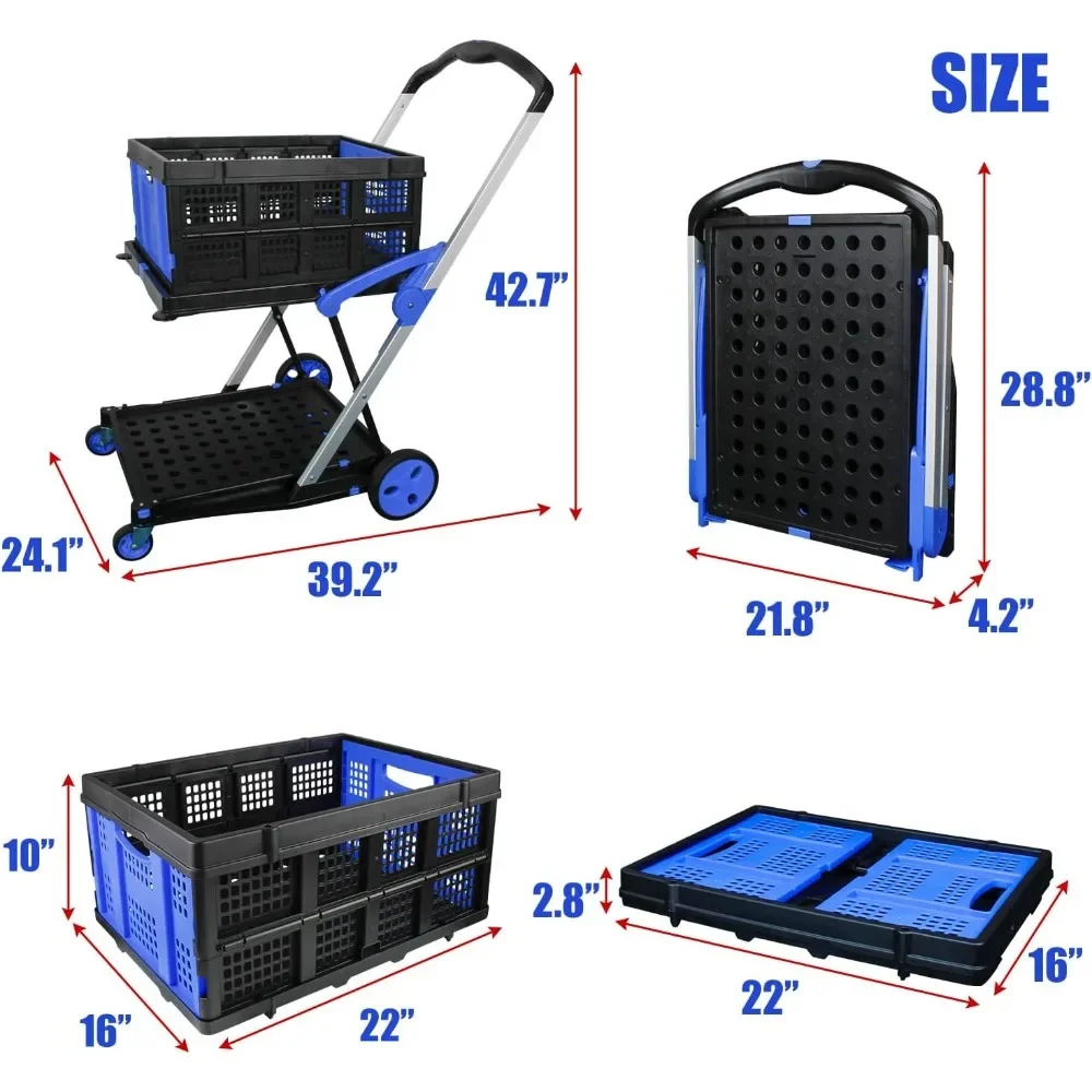 Folding Shopping Cart, Two Tier Collapsible Cart with One Crate, Heavy Duty Utility Cart with 360° Rolling Swivel Wheels Trolley