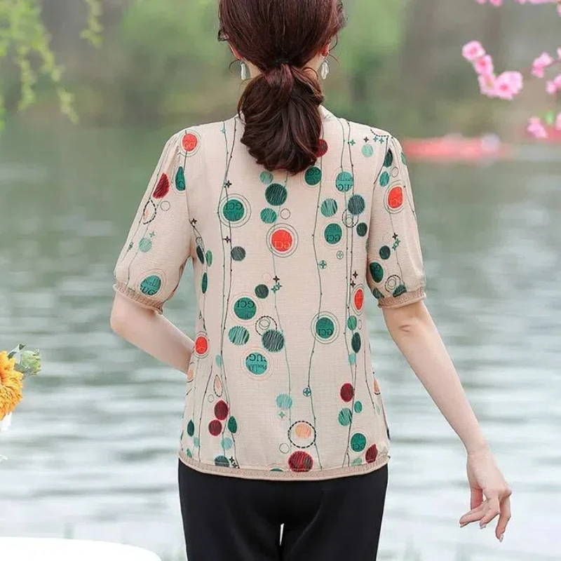 New Summer Women\'s Style V-Neck Short Sleeve Loose Thin Printed Classic Pullovers Plus Size Button Fashion Casual Commute Tops