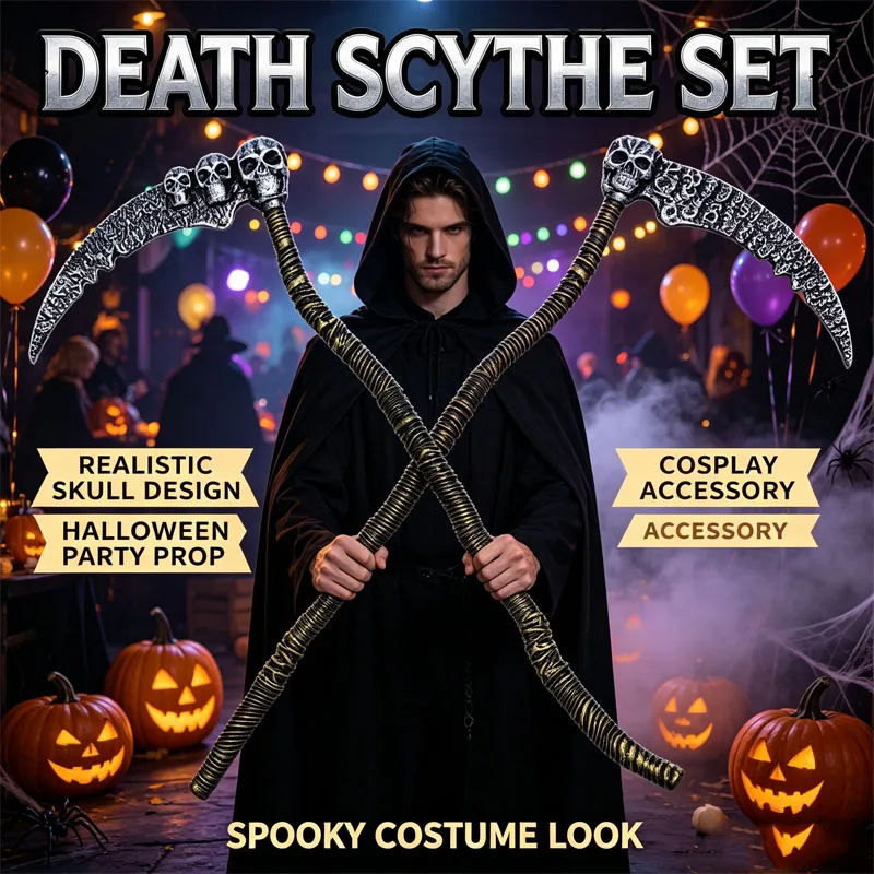 Abnehmbarer Sensenmanns-Sichel aus Kunststoff als Kostümzubehör für Halloween-Cosplay-Requisiten für Erwachsene, Kinder, Jungen und Mädchen
