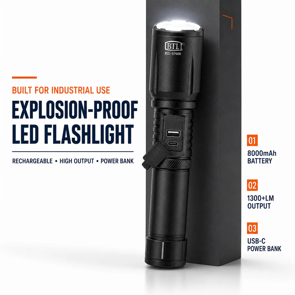 8000mAh USB-C Rechargeable LED Flashlight 1300+LM Zoom Torch 3 Modes 2-Way Fast Charge Power Bank IPX6 Explosion-Proof