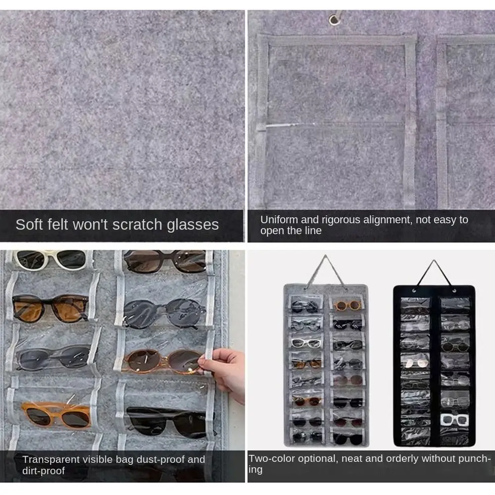 16 Slots Sunglasses Storage Hanging Bag Visible Wall Mounted Felt Eyeglasses Stand Dust Proof Save Space