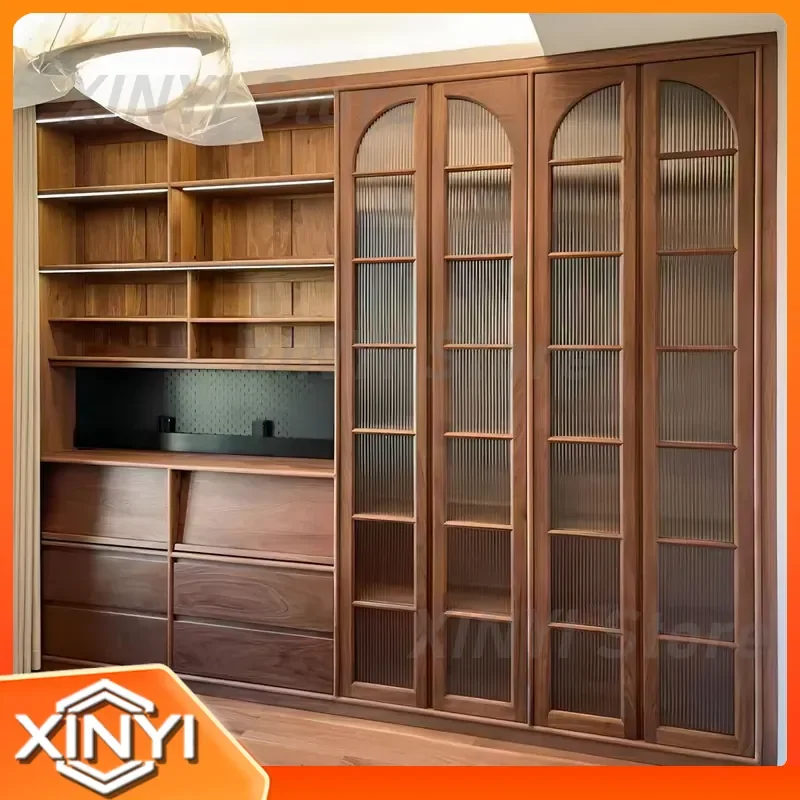 Medieval Style Full Wall Bookcase for North American Black Walnut Living Room Solid Wood Bookshelf Locker with Card Seat