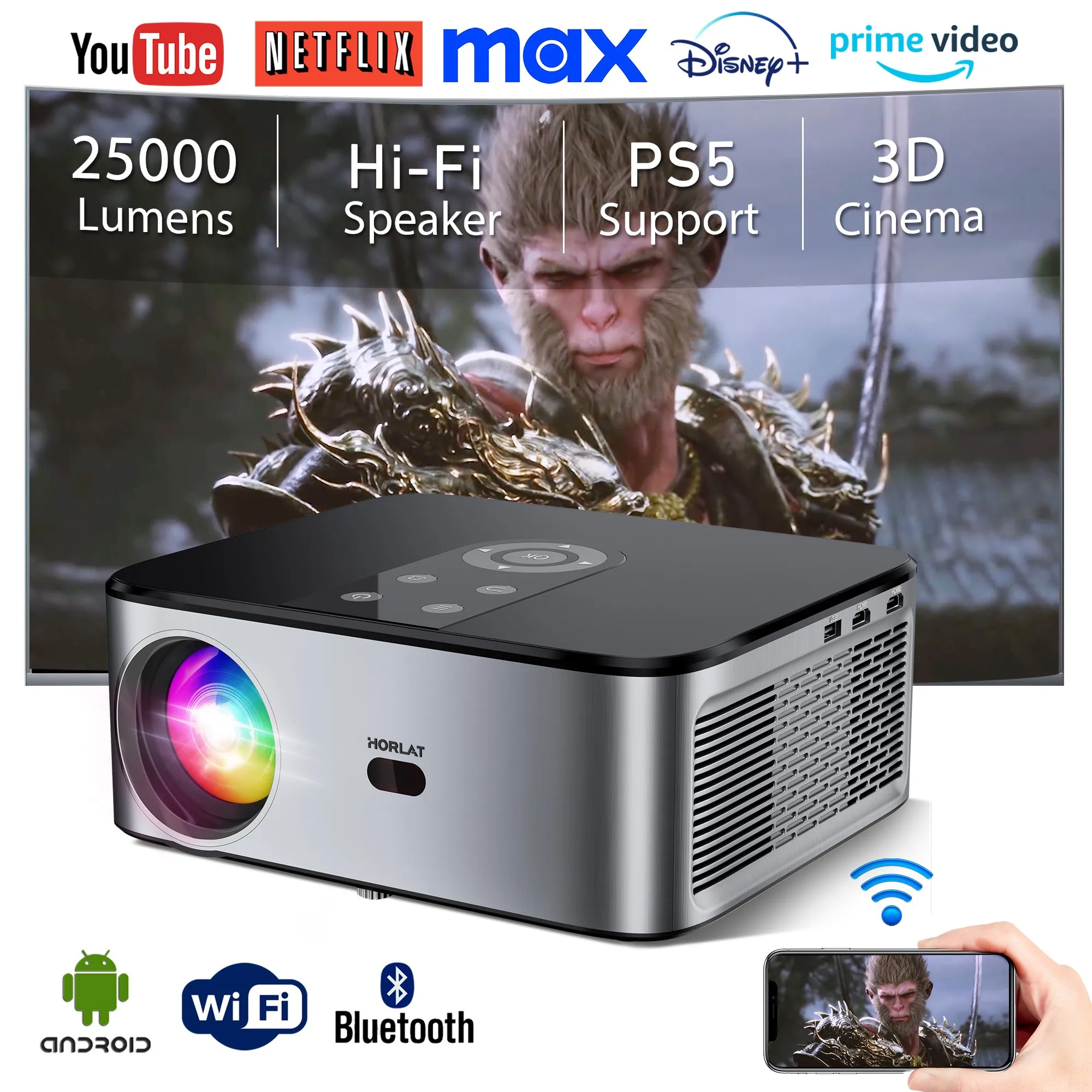 HORLAT 25000 Lumens Android 4K LED Projector 3D Cinema Full HD 1080P Video Home Theater Auto Keystone 5G WiFi Portable Proyector