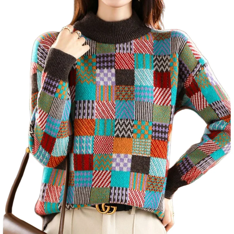 New Korean Autumn Winter Half High Collar Woolen Sweater Women's Printed Thick Fashion Versatile Long Sleeve Knitted Pullovers