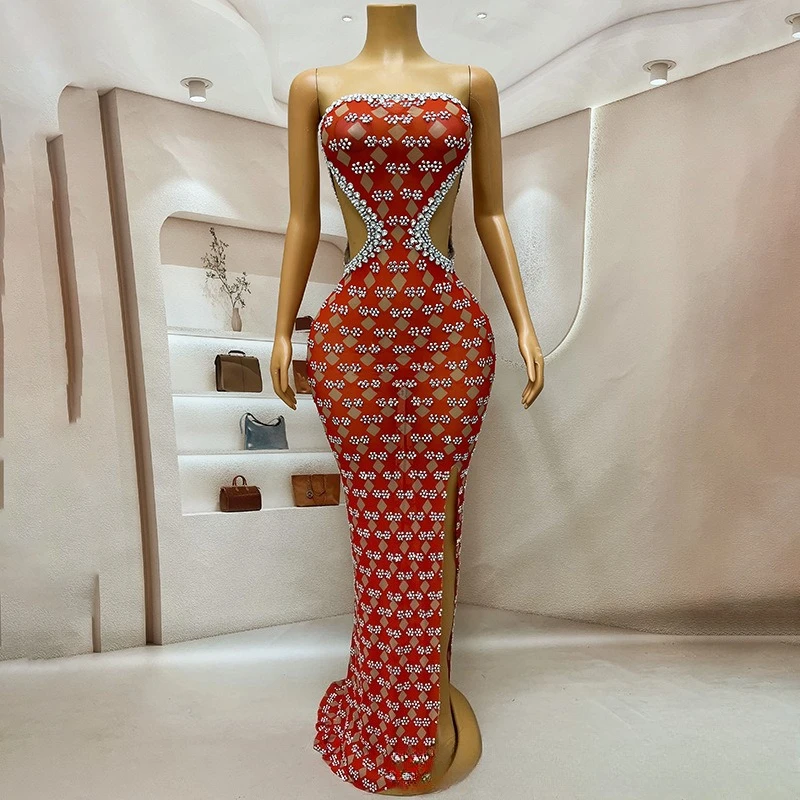 

Orange Tube Top Hollow Design Beautiful Evening Dress Party Red Carpet Catwalk Performance Dress Vestidos Invitada De Boda Mujer