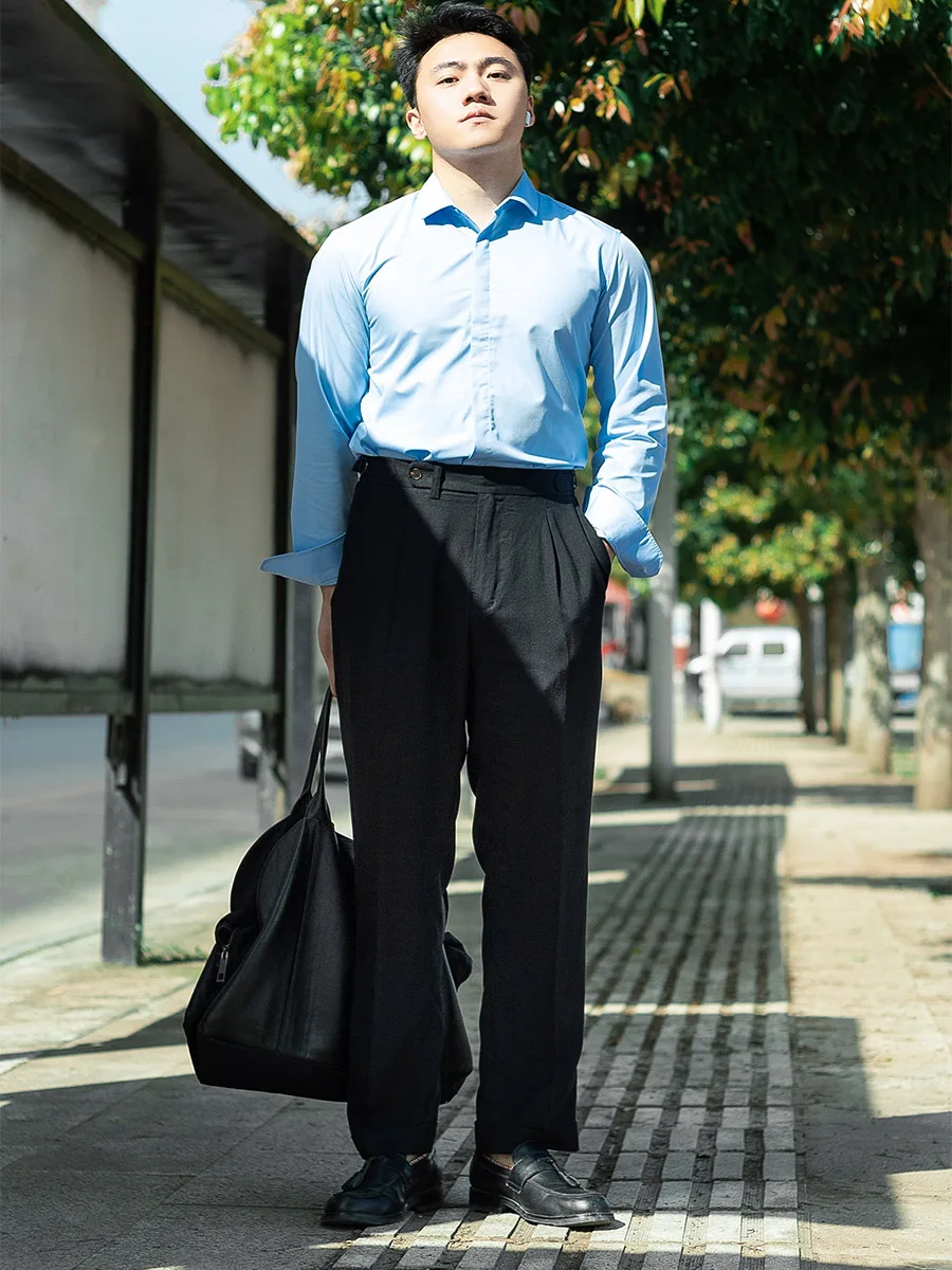 Lente en zomer zwart linnen Parijs knop casual broek heren Slanke micro-taper enkele plooi veelzijdig kan groot worden aangepast