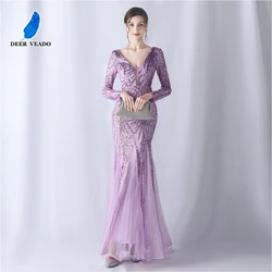 DEERVEADO Elegant Long Sleeves Women's Evening Dress Mermaid V Neck Sequin Party Maxi Dress Special Occasion Dress Gala