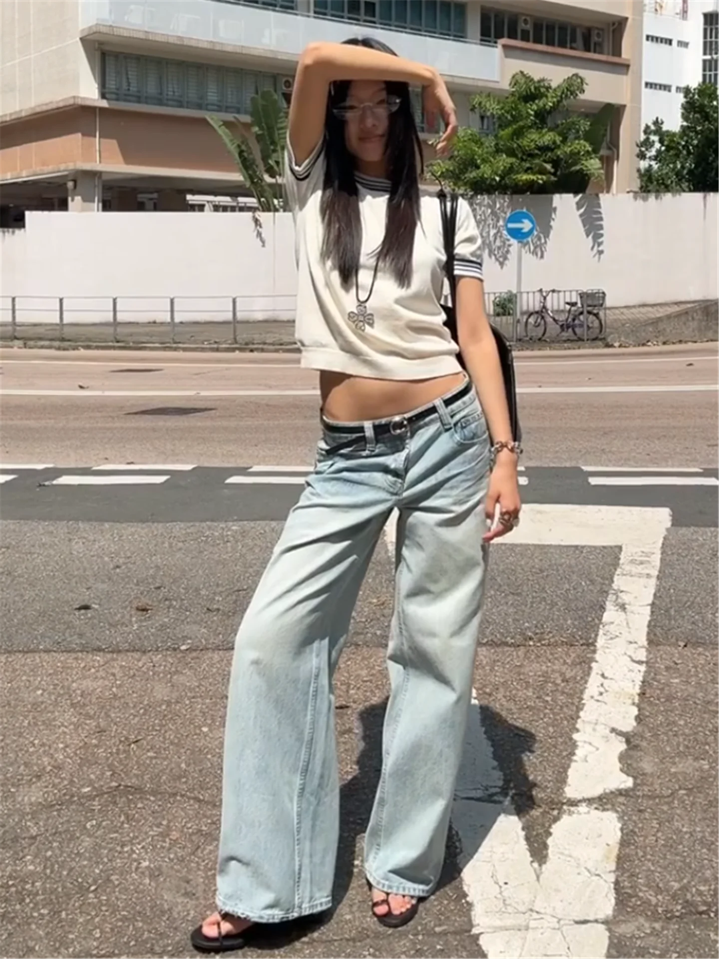 

American Street Style Light Blue mid Low Waist Wide Leg Jeans Women Loose Slim Tall Extended Straight Leg Pants
