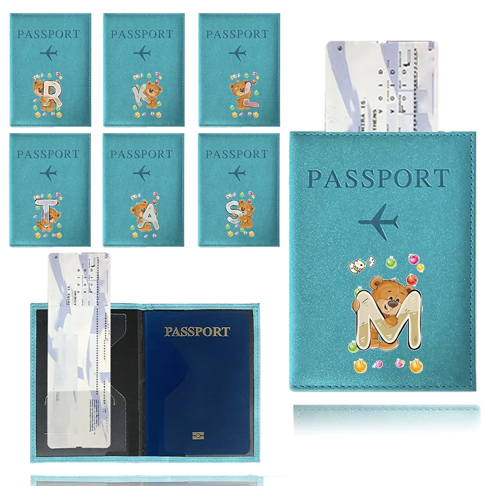 Passport Cover Blue Color Pu Passport Waterproof Case Wallet Business Credit Card Documents Holder Print Bear Letter Series