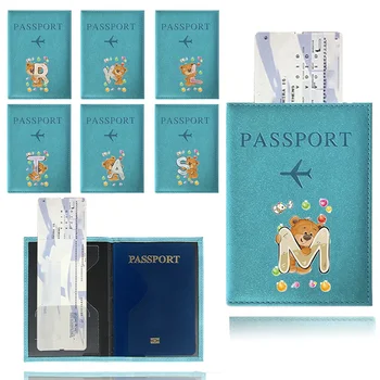 Couverture de Passeport Bleu en PU, Étui Étanche, Portefeuille d'Affaires, Porte-Documents de Carte de Crédit, Série de Lettres Imprimées en Forme d'Ours