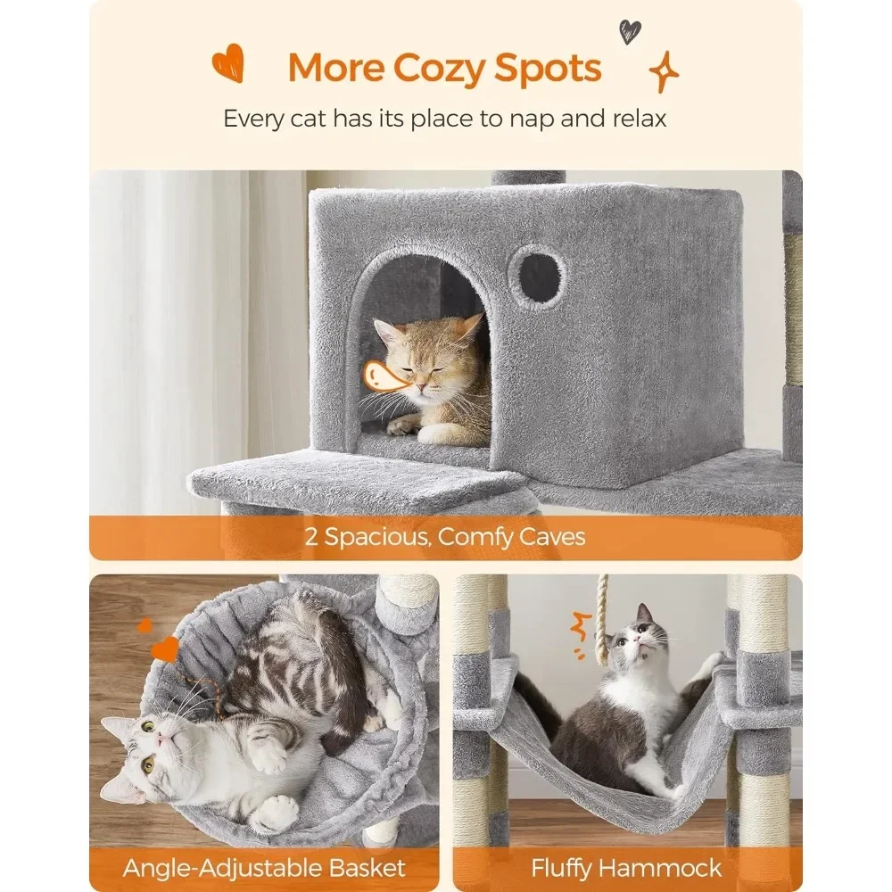 Cat Tree, 81.1-Inch Large with 13 Scratching Posts, 2 Perches, 2 Caves, Cat Tree