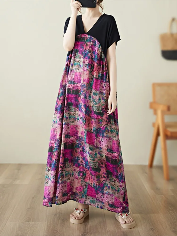 特大夏の V ネックドレス女性花花柄パッチワークファッションフリルルーズレディースドレス A ラインカジュアル女性ドレス