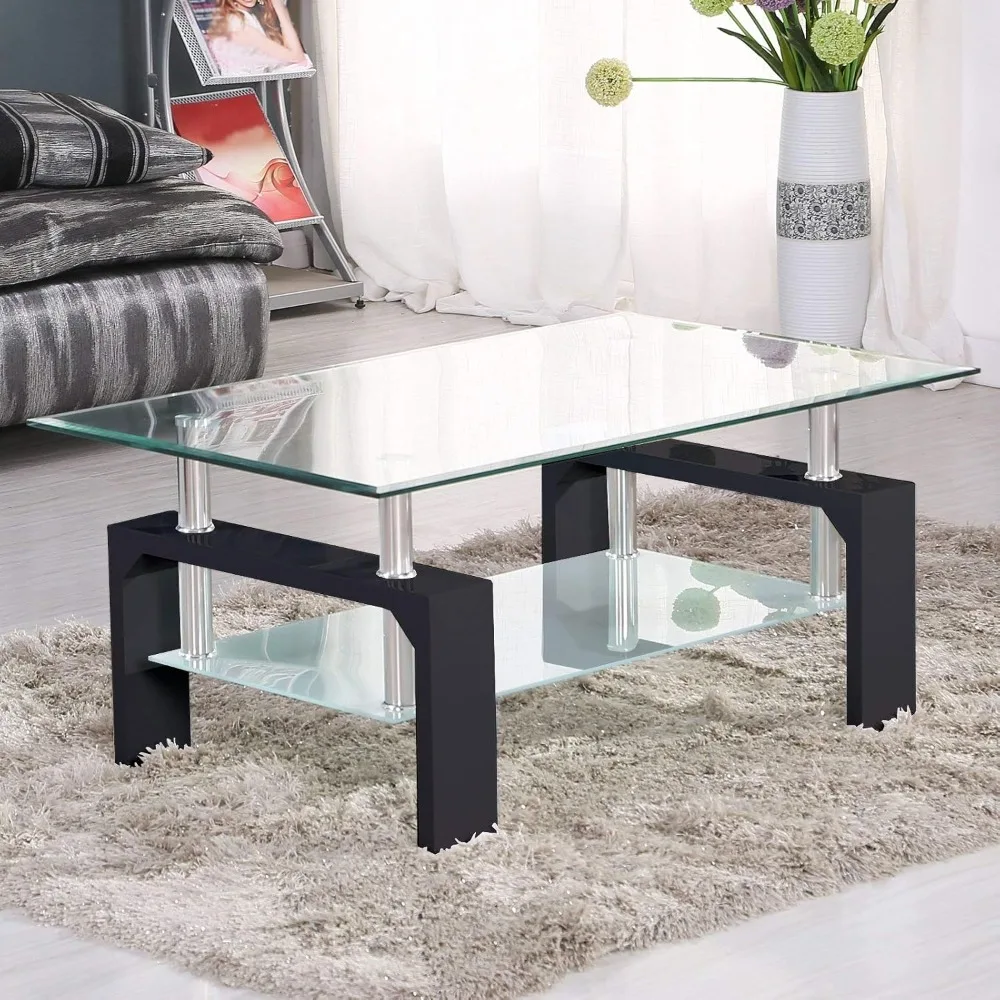 Rectangle Glass Top Coffee Table - Modern Center Table with Shelf & Wood Legs Suit for Living Room (Black)