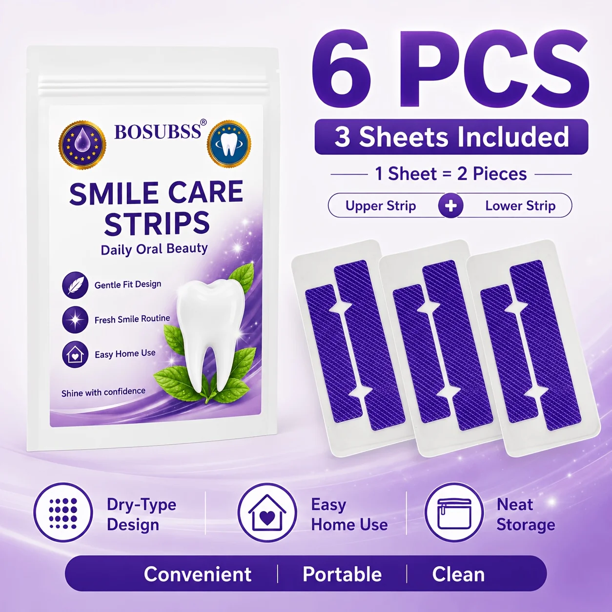 BOSUBSS 6/10 Stück Trockene Smile Care Strips, Obere & Untere Lila Strukturierte Streifen für Tägliche Mundpflege und Einfache Heimanwendung – Detail 8