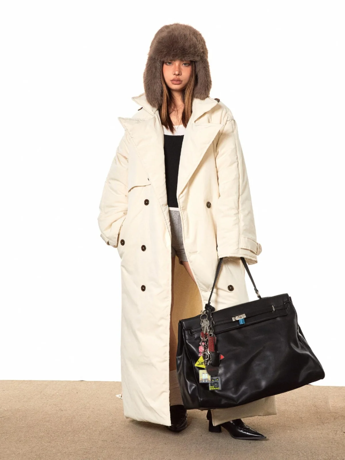 Black Thickened Long Coat Women's Comfortable Warm Cotton Jacket Double Row Buttons Street Style Loose Fit Winter Outerwear