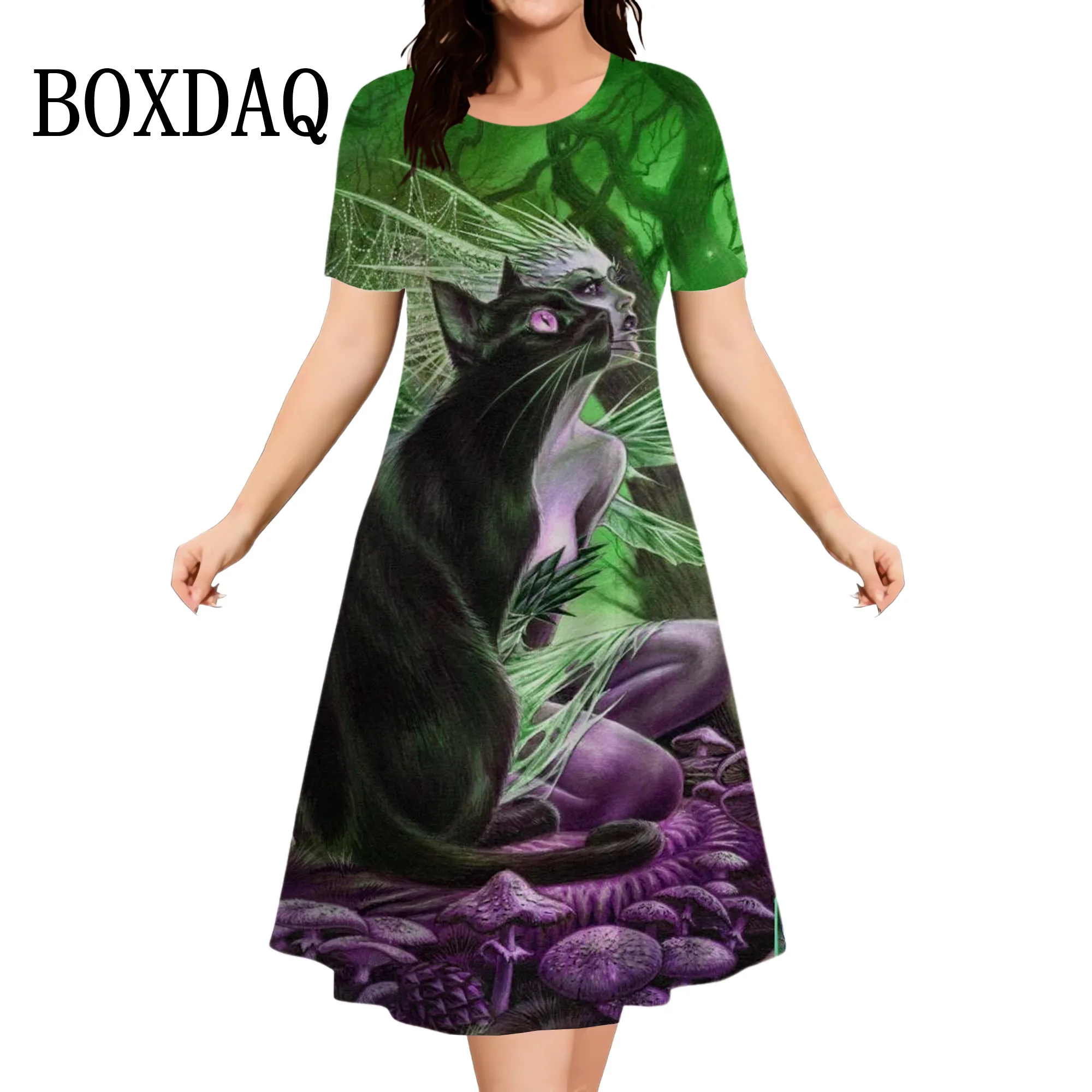 Painting Cat Character 3D Printed Dresses For Women 2024 Summer Ladies New Dresses Casual O-Neck Short Sleeve Loose Mini Dress