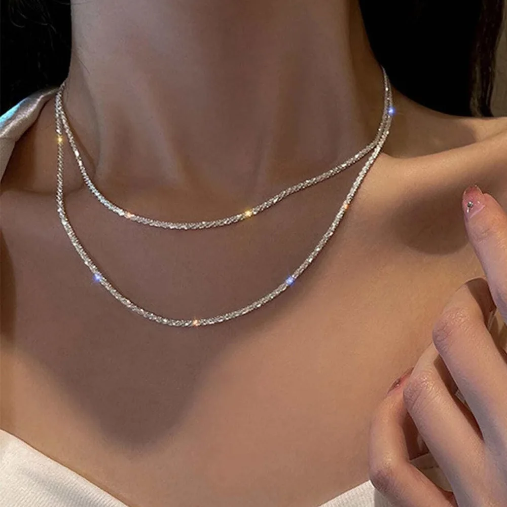 Fashion Sparkling Cross Pendant Necklace For Women Silver Color Multi Layered Clavicle Chain Choker Girls Korean Party Jewelry