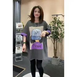 Plus Size Vintage Street Trendy Cool Print Damski T-shirt 150kg Spliced Color Clash Tee 2024 New Summer Literary Youth Tops Y2k