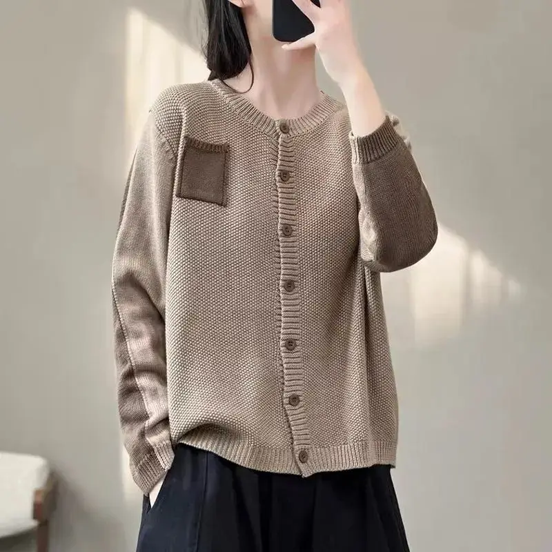 Vintage Autumn/Winter New Sweaters Cardigan Coat Women\'s O-Neck Contrast Color Patchwork Button Fashion Long Sleeve Knitted Tops