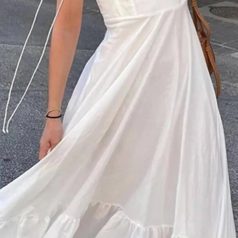 Women\'s White Party Dress Ruffle Spaghetti Strap Sleeveless Elastic High Waist Maxi Dresses Summer Sexy Evening Female Vestidos