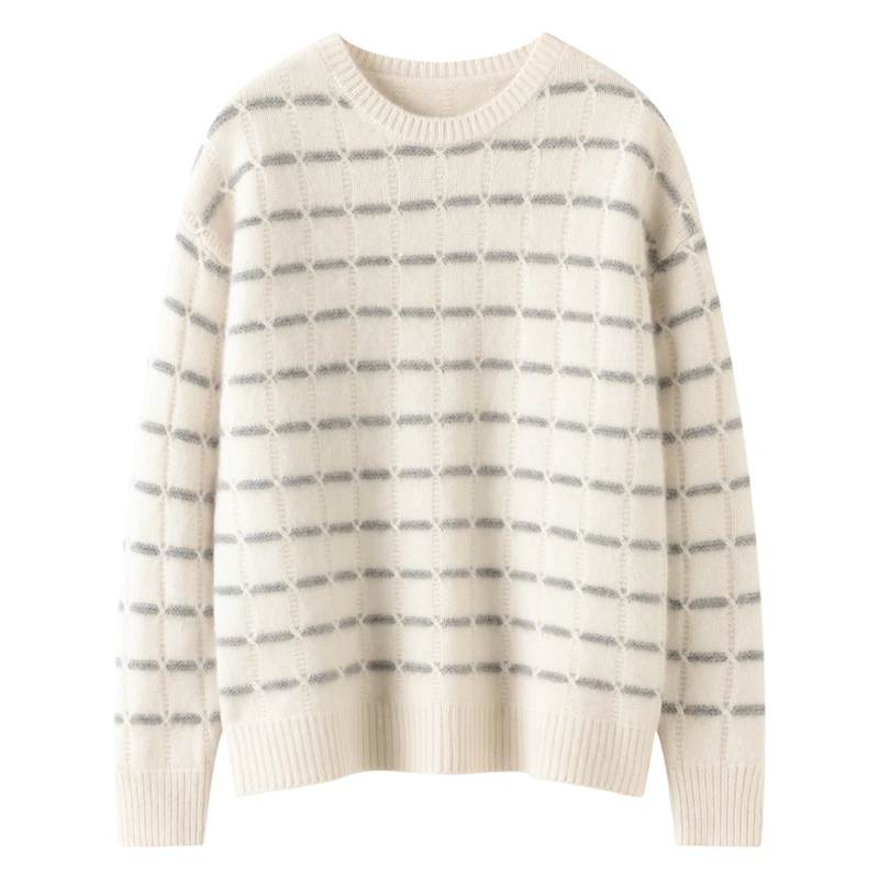 

Autumn Winter Women's 100% Cashmere O-Neck Striped Pullover Sweater High-Quality Simple Soft Skin Friendly Knitted Base Top