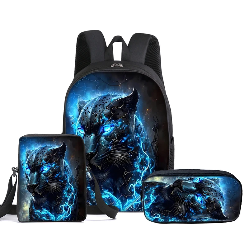 Leopard 3Pcs/Set Backpack With Messenger Bags ,Pencil Bag,School Bag For Boy/Girls Best Gift 2D Flat Cartoon Student School Bags