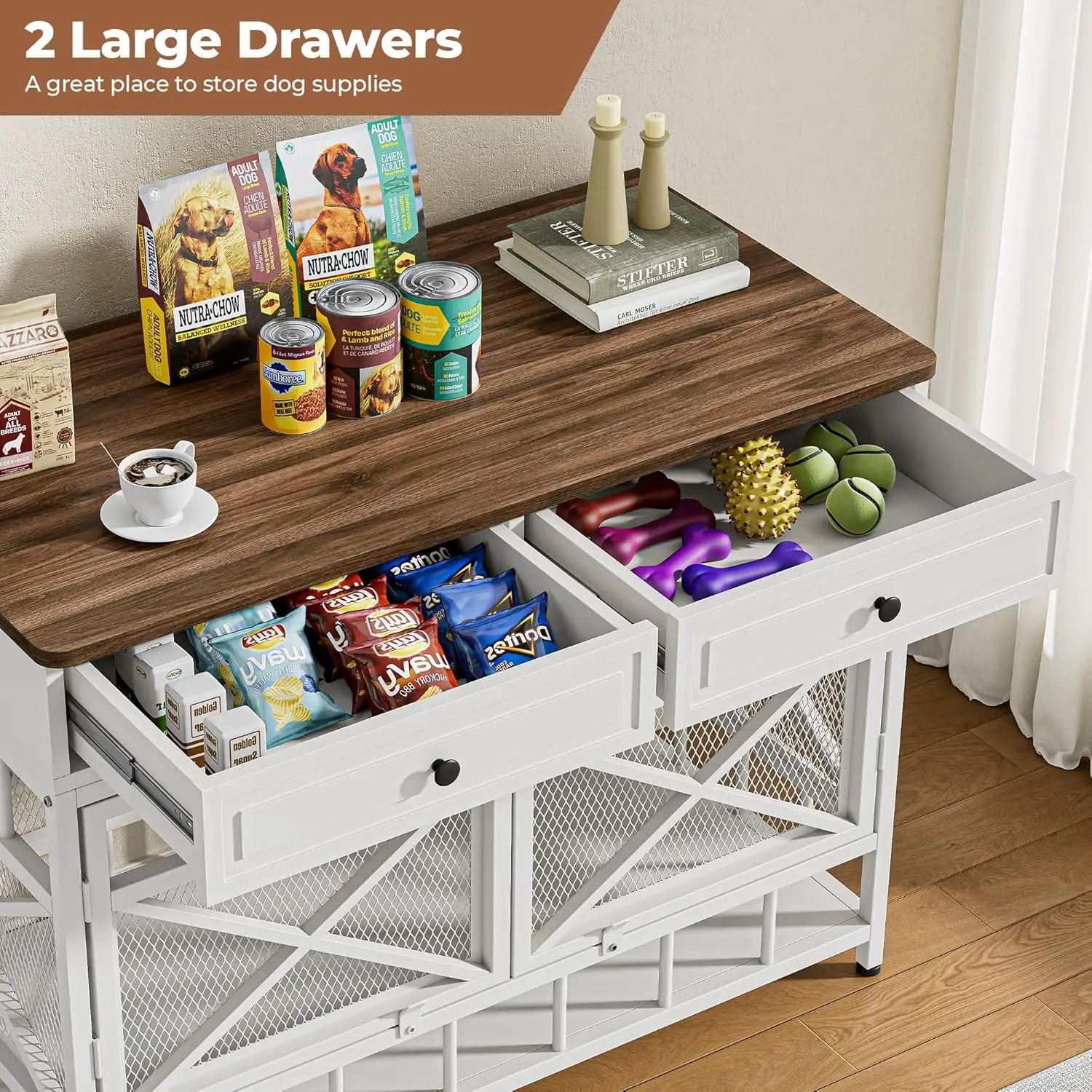 أثاث صندوق كلب كبير مقاس 44 بوصة، بيت كلب خشبي مع أدراج تخزين للكلاب المتوسطة/الكبيرة، بيت للكلاب المزخرف