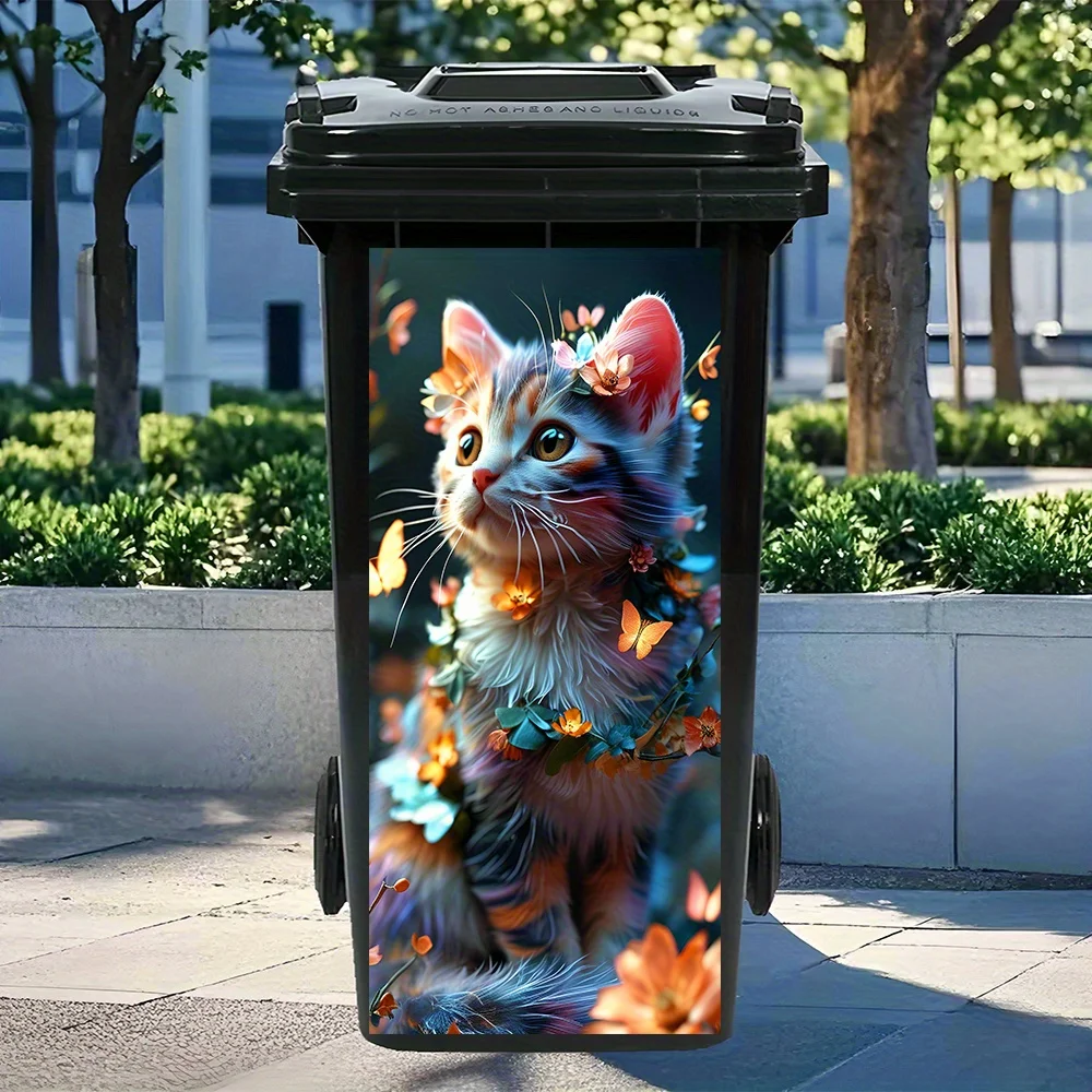 1 Flower Crown Butterfly Cat Trash Can Sticker, Size 12.2 X 27.56 Inches, PVC Self-adhesive Sticker, Creative Home Sticker