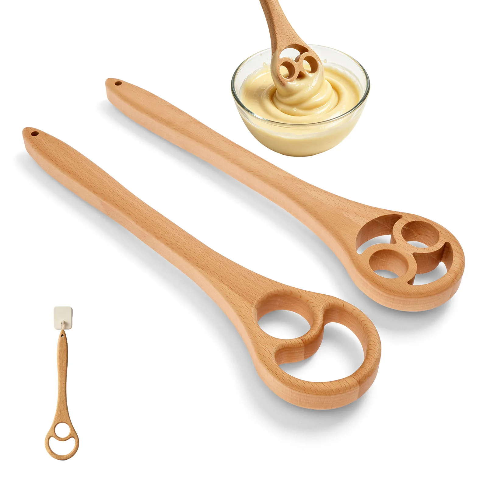 2 Pcs Wooden Dough Whisk Mixing Spoons Set Long Handle Dough Stirrer Sourdough Mixing Tools for Bread Cake Cookie Baking Cooking