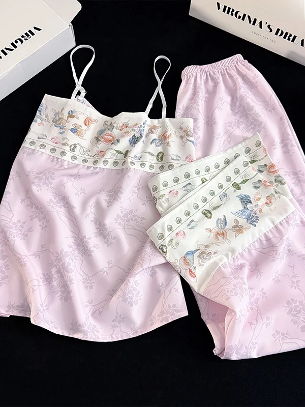 Summer New Chinese Style Ice Silk Sleepwear Women's Strap Long Pants No Sleeve  Home Clothes Set Comfortable Breathable