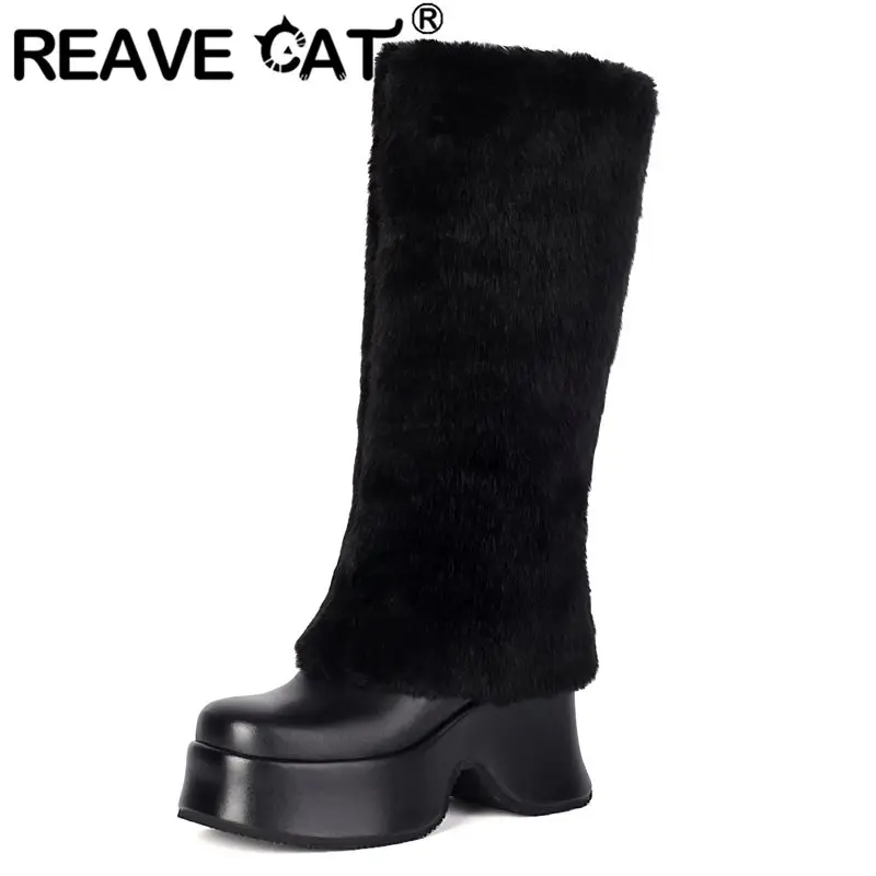 REAVE CAT Fashion Female Snow Boots Square Toe Chunky Heels 8cm Platform 4cm Slip On Mixed Plus Size 41 42 US12  Party Booties