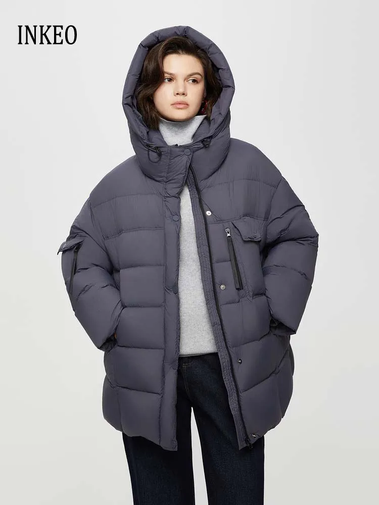 

Роскошный пуховик средней длины с капюшоном, зима 2025, толстое теплое базовое пуховое пальто с карманами, свободная женская верхняя одежда INKEO DJ532