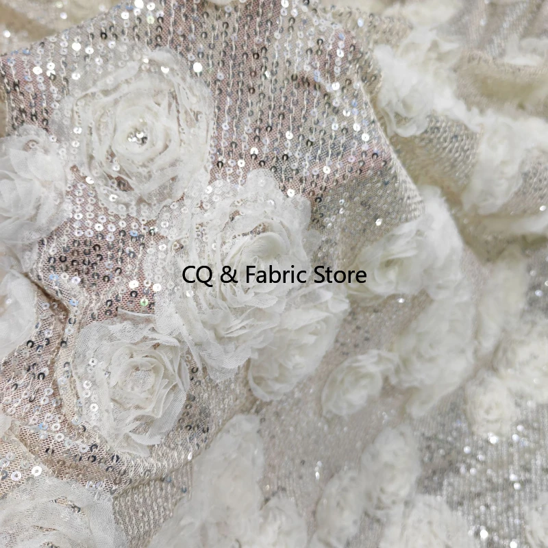 

New 3D Floral Elastic Mesh Embroidered Lace Fabric for Wedding Dress Designers Fabric