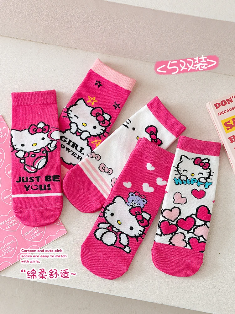 Kaus kaki anak-anak Sanrio Hello kitty 5 pasang Kawaii kaus kaki katun setengah betis anak-anak kartun musim gugur baru untuk hadiah anak perempuan