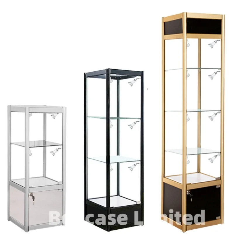 custom，Customized Black Aluminum Frame Glass Display  Cabinet For Collect With LED light Showcase