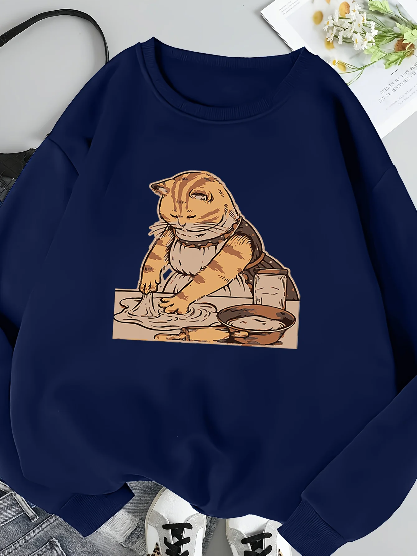 

Women's Navy Blue Crewneck Sweatshirt - Cozy Winter Pullover with Cute Cooking Cat Graphic, Soft Machine-Washable Fabri