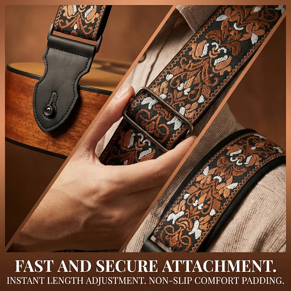 Embroidered Thickened Widened Guitar Bass Strap Adjustable Shoulder Sling for Acoustic Folk Electric Guitar - view 5