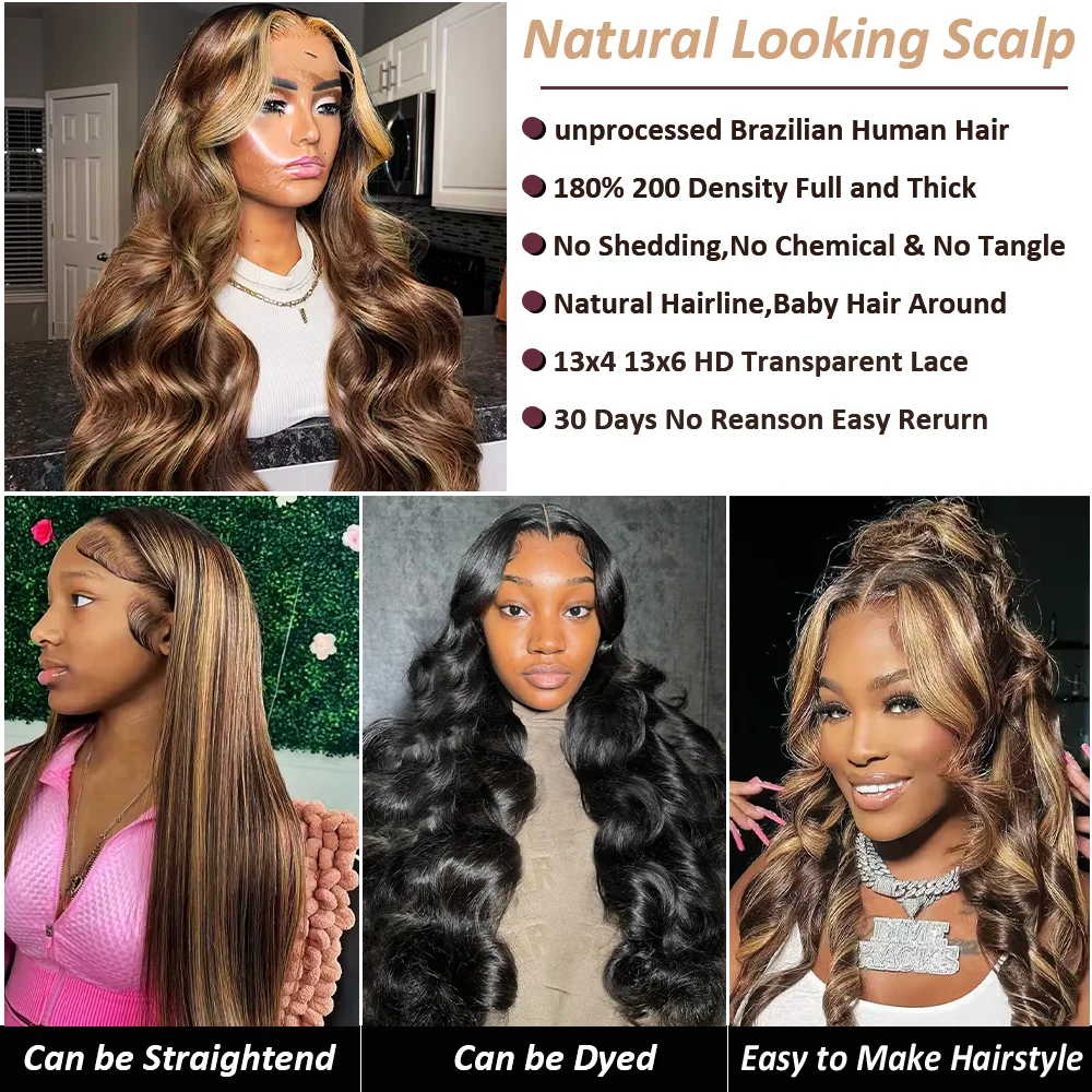 13x4 P4/27 Highlight Ombre Brown Body Wave Human Hair Wig 46 Inch 13x6 HD Transparent Lace Pre Plucked Wig For Women 200 Density