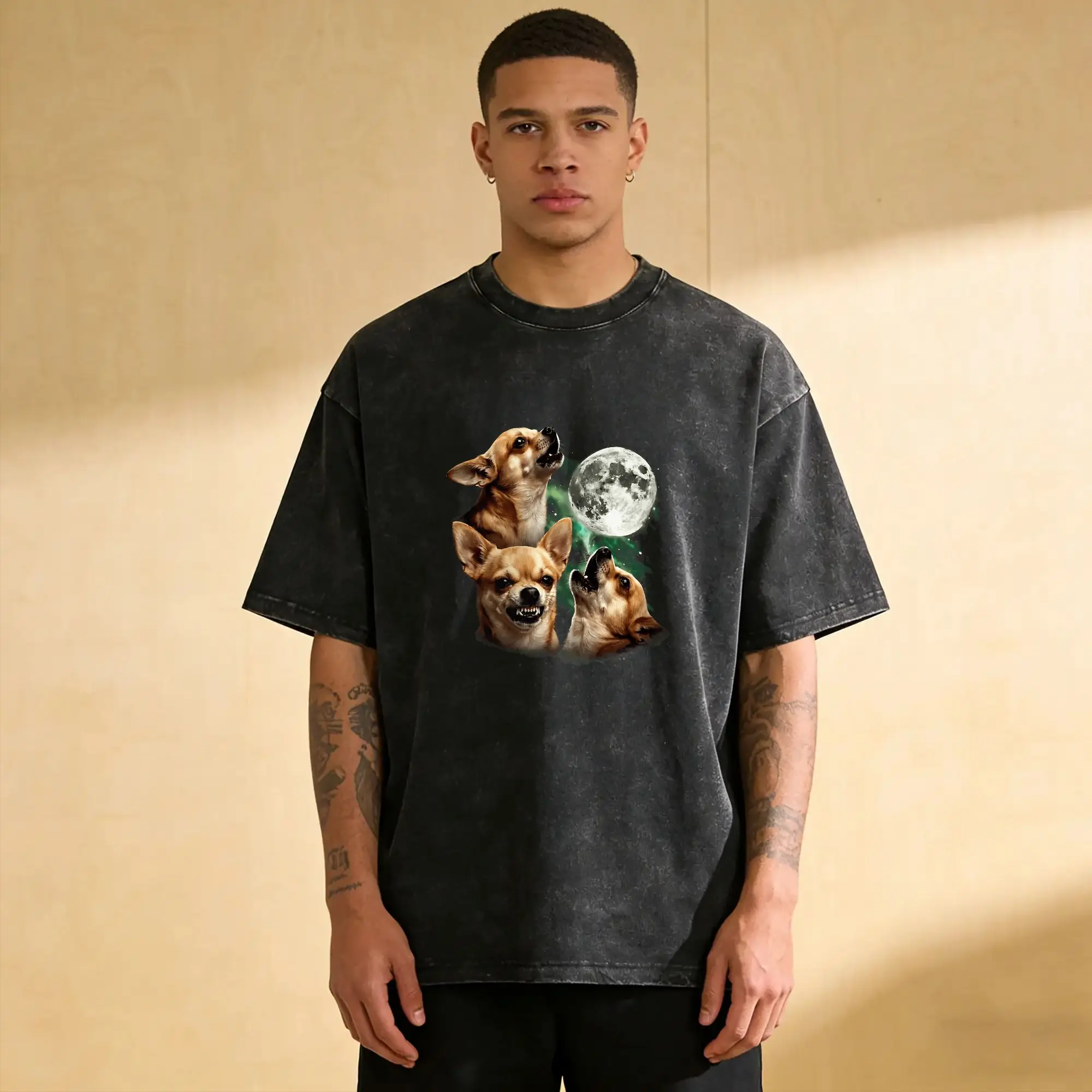 Couple T-Shirt Chihuahua Howling to The Moon Washed T-Shirts Leisure  Beach Tees Awesome Pattern Casual Clothes New Arrival