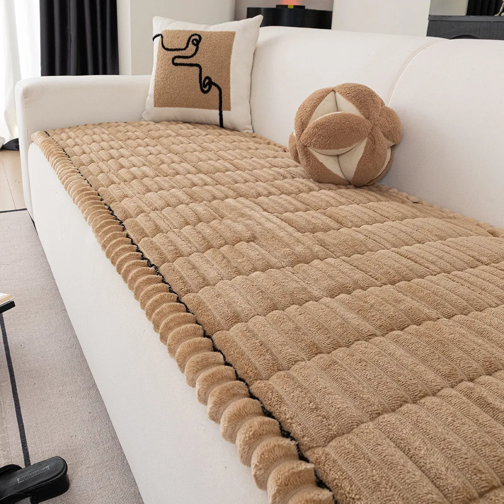 Solid Color Winter Plush Sofa Cover Non-Slip Anti Cat Scratch Chair Pad Machine Washable Home Decoration