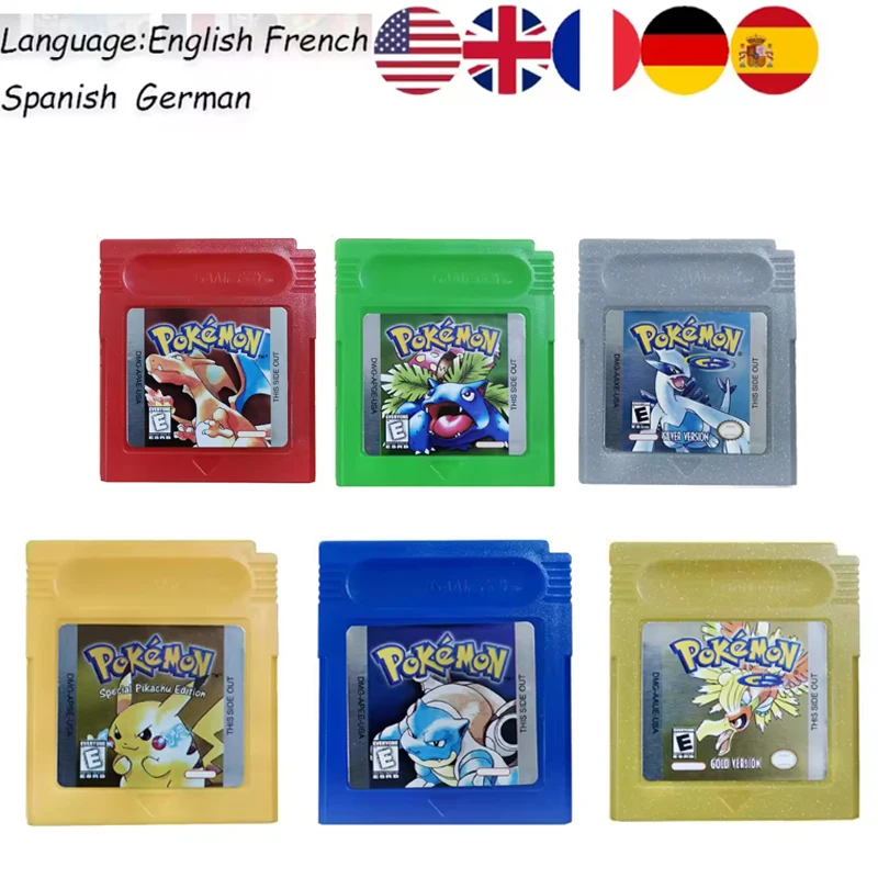 Viele verschiedene Pokémon-Spielkarten in Rot, Blau, Kristall, Gold, Grün, Silber, Gelb für GBC 16-Bit-Videospielkonsole, Kassette für GB/SP
