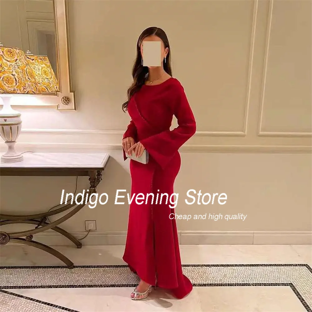 Indigo-Vestidos de Fiesta de sirena para mujer, traje de noche elegante y sencillo de satén con botones, manga larga y cuello redondo, 2024