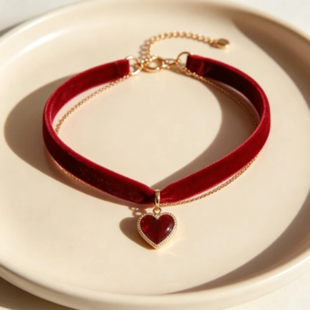 Classic Gothic Tattoo Red Velvet Choker Necklace, Red Heart Pendant Necklace for Women, Fashion Valentine's Jewelry Gift
